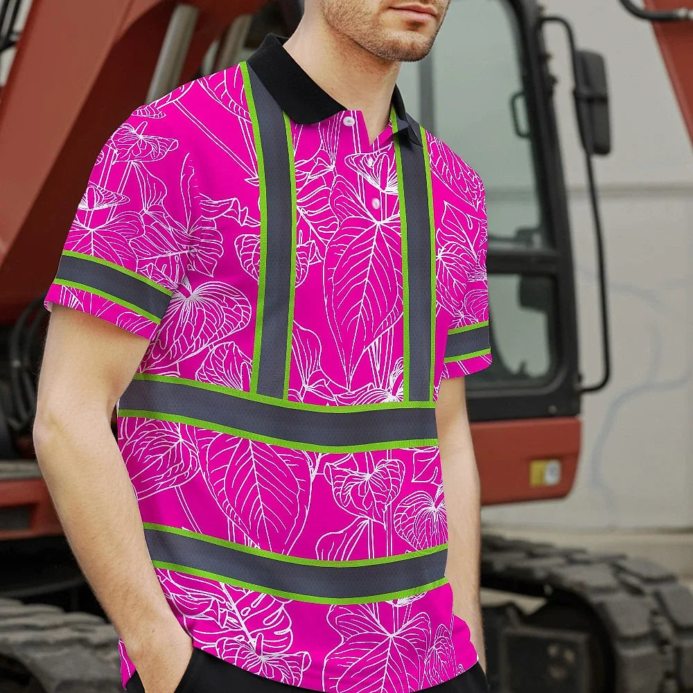 Hi Vis Polo Shirt Reflective Tapes Pink Neon Flowers Custom Name Safety Workwear For Workers, Truckers, Operators