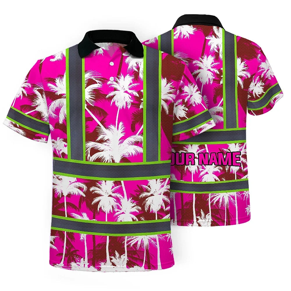 Hi Vis Polo Shirt Reflective Tapes Pink Neon Flowers Custom Name Safety Workwear For Workers, Truckers, Operators
