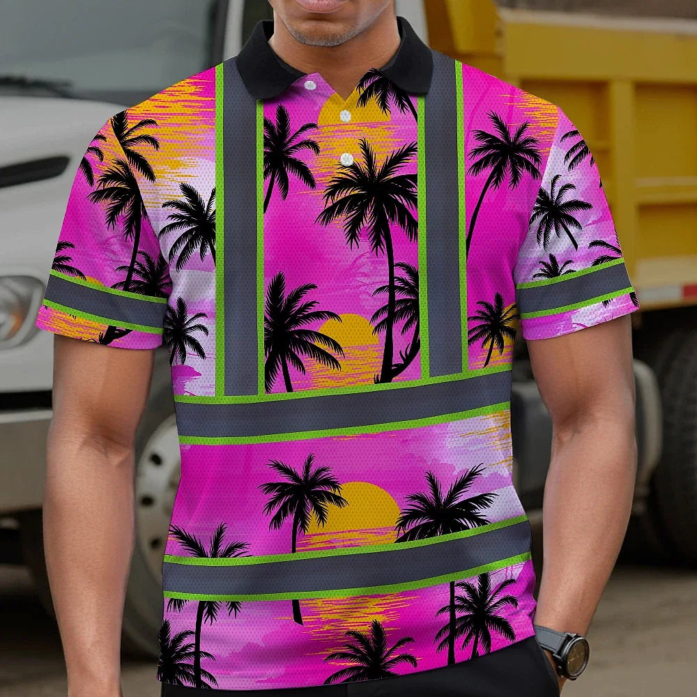 Hi Vis Polo Shirt Reflective Tapes Pink Neon Flowers Custom Name