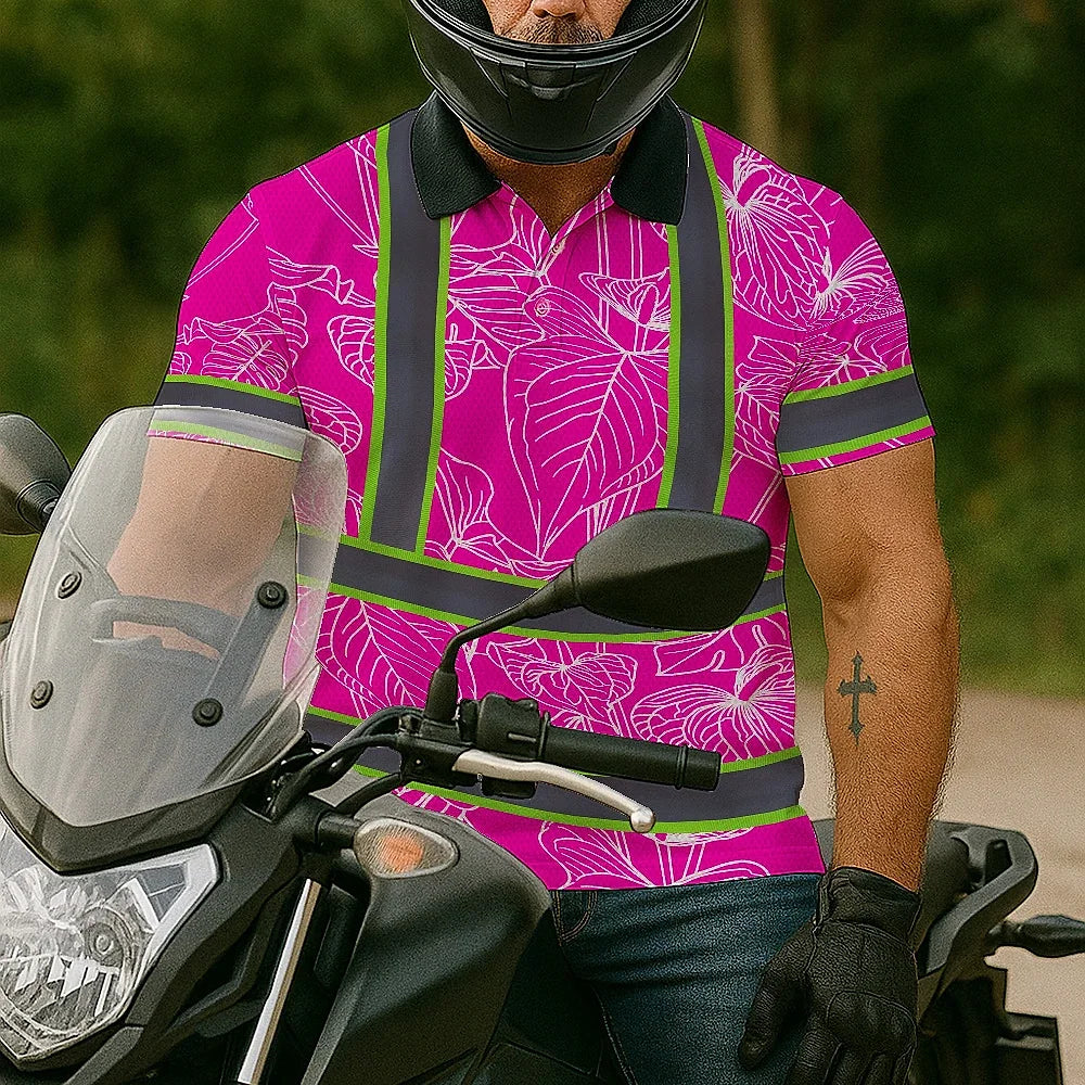 Hi Vis Polo Shirt Reflective Tapes Pink Neon Flowers Custom Name Safety Workwear For Workers, Truckers, Operators