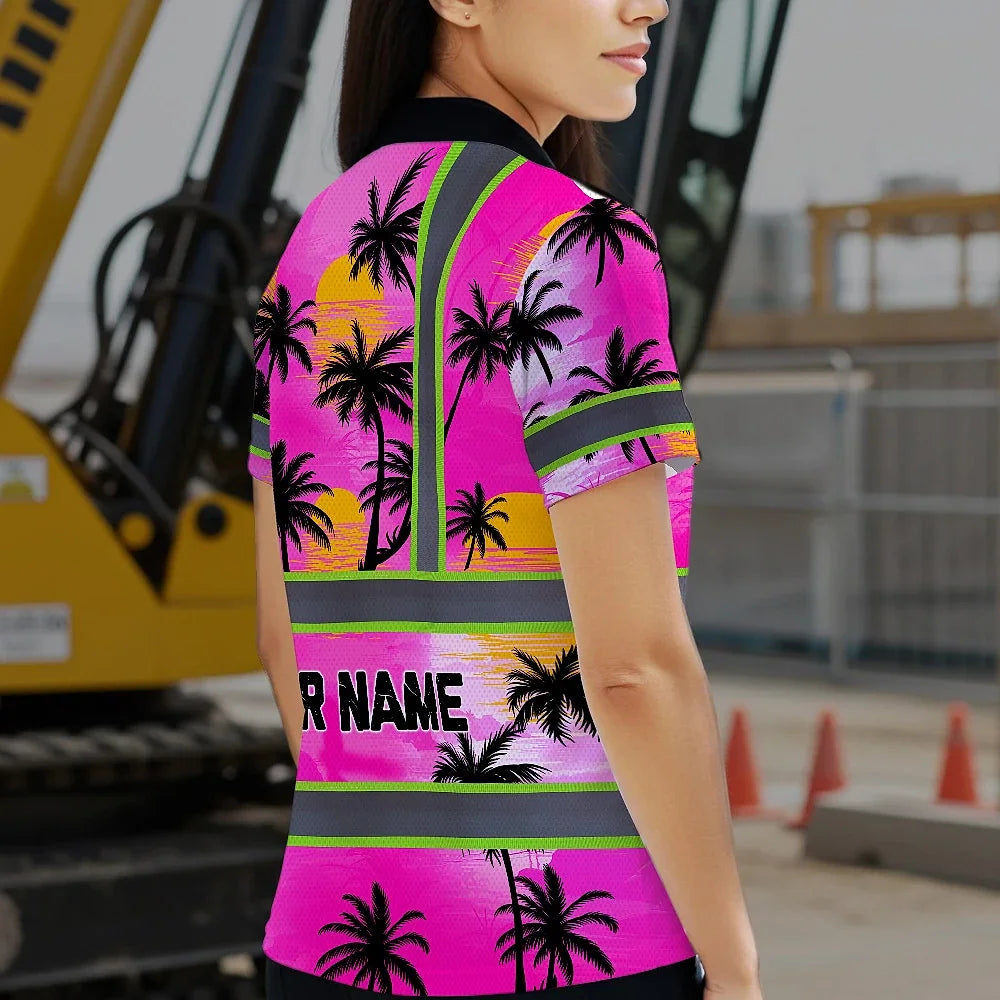 Hi Vis Polo Shirt Reflective Tapes Pink Neon Flowers Custom Name