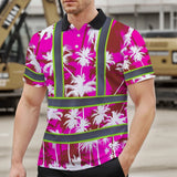Hi Vis Polo Shirt Reflective Tapes Pink Neon Flowers Custom Name Safety Workwear For Workers, Truckers, Operators