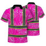 Hi Vis Polo Shirt Reflective Tapes Pink Neon Flowers Custom Name Safety Workwear For Workers, Truckers, Operators