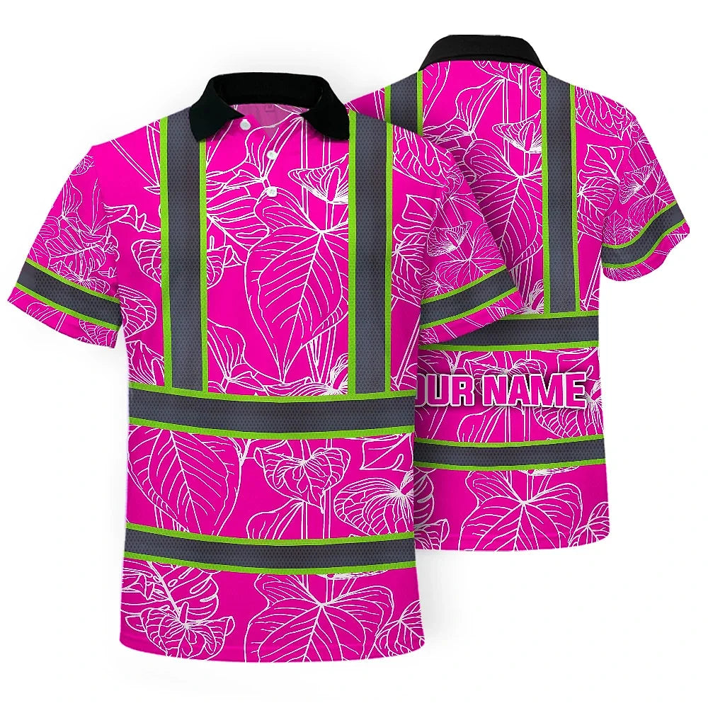 Hi Vis Polo Shirt Reflective Tapes Pink Neon Flowers Custom Name Safety Workwear For Workers, Truckers, Operators