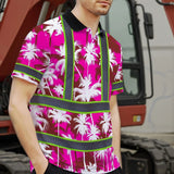 Hi Vis Polo Shirt Reflective Tapes Pink Neon Flowers Custom Name Safety Workwear For Workers, Truckers, Operators