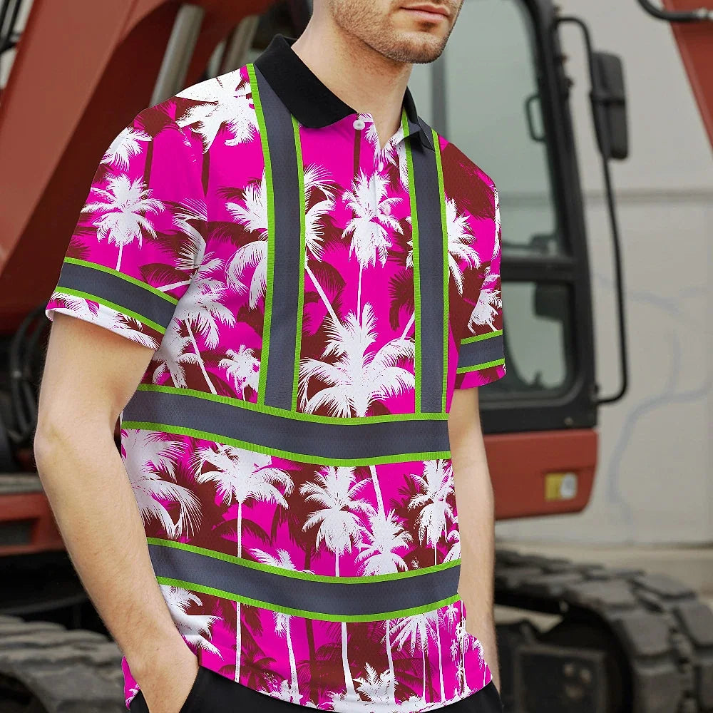 Hi Vis Polo Shirt Reflective Tapes Pink Neon Flowers Custom Name Safety Workwear For Workers, Truckers, Operators