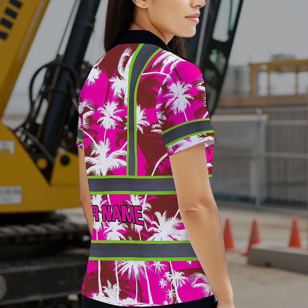 Hi Vis Polo Shirt Reflective Tapes Pink Neon Flowers Custom Name Safety Workwear For Workers, Truckers, Operators