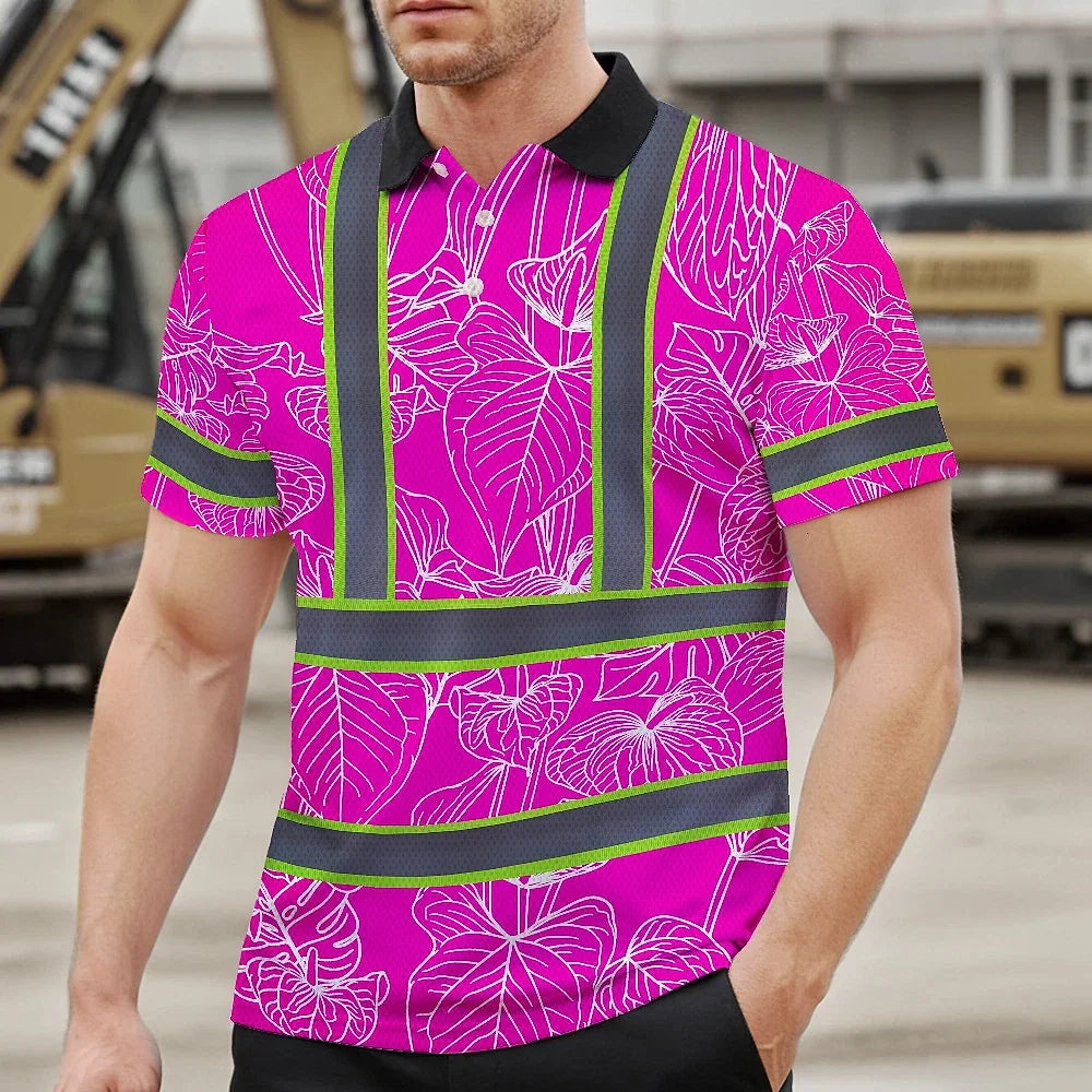 Hi Vis Polo Shirt Reflective Tapes Pink Neon Flowers Custom Name Safety Workwear For Workers, Truckers, Operators