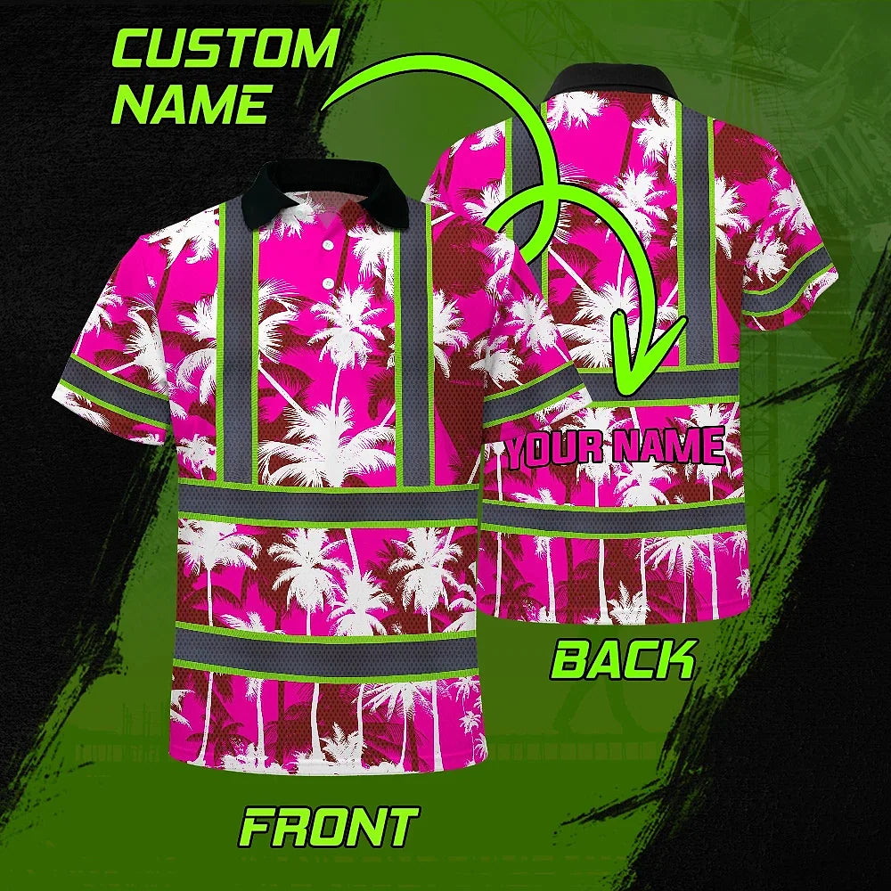 Hi Vis Polo Shirt Reflective Tapes Pink Neon Flowers Custom Name Safety Workwear For Workers, Truckers, Operators