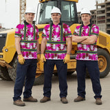 Hi Vis Polo Shirt Reflective Tapes Pink Neon Flowers Custom Name Safety Workwear For Workers, Truckers, Operators