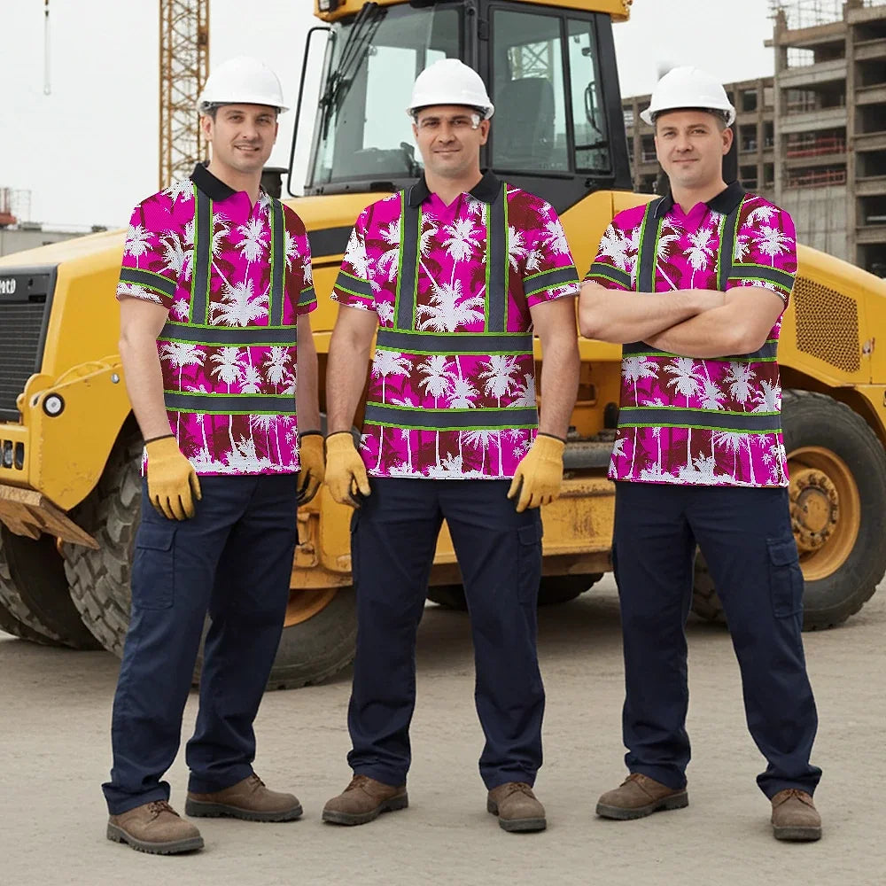 Hi Vis Polo Shirt Reflective Tapes Pink Neon Flowers Custom Name Safety Workwear For Workers, Truckers, Operators