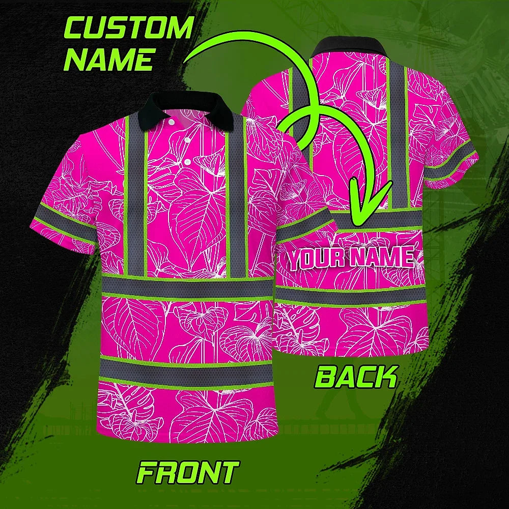 Hi Vis Polo Shirt Reflective Tapes Pink Neon Flowers Custom Name Safety Workwear For Workers, Truckers, Operators