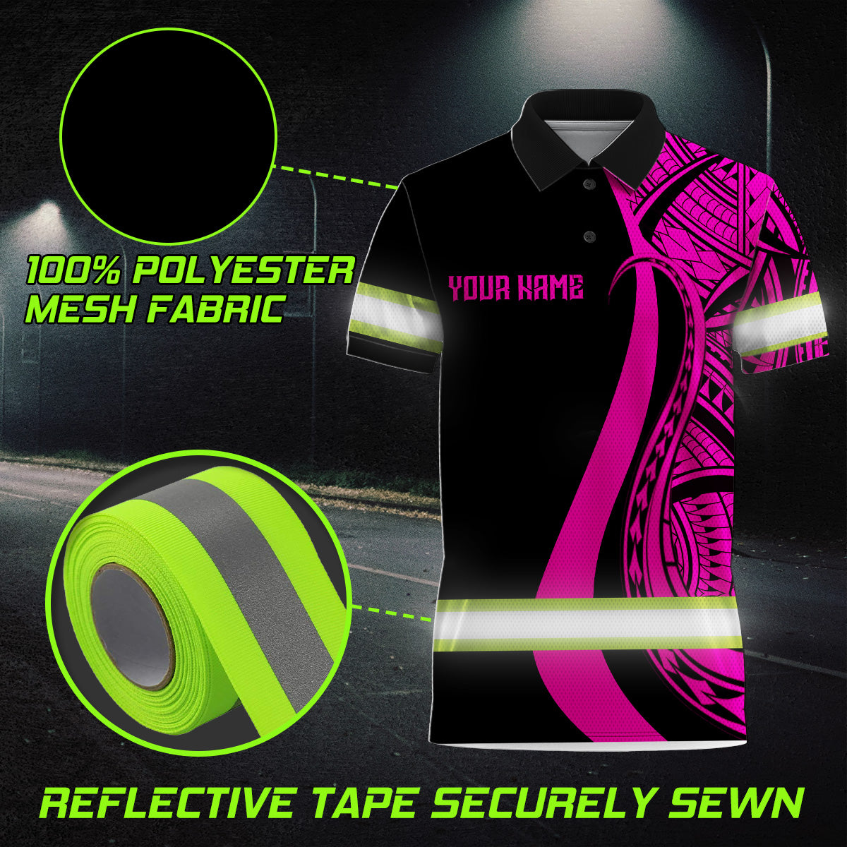 Hi Vis Polo Shirt Reflective Tapes Pink Neon Hawaii