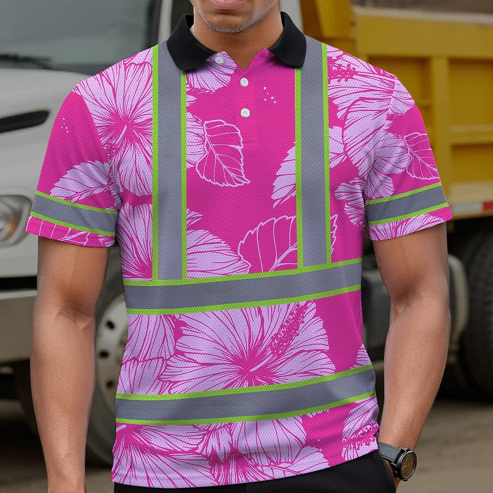 Hi Vis Polo Shirt Reflective Tapes Pink Neon Hibiscus Custom Name Safety Workwear For Workers, Truckers, Operators