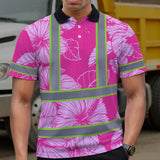 Hi Vis Polo Shirt Reflective Tapes Pink Neon Hibiscus Custom Name Safety Workwear For Workers, Truckers, Operators