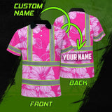 Hi Vis Polo Shirt Reflective Tapes Pink Neon Hibiscus Custom Name Safety Workwear For Workers, Truckers, Operators