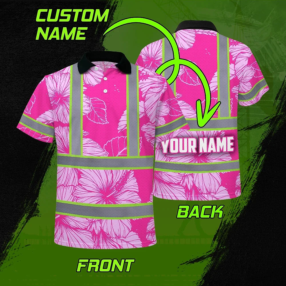 Hi Vis Polo Shirt Reflective Tapes Pink Neon Hibiscus Custom Name Safety Workwear For Workers, Truckers, Operators