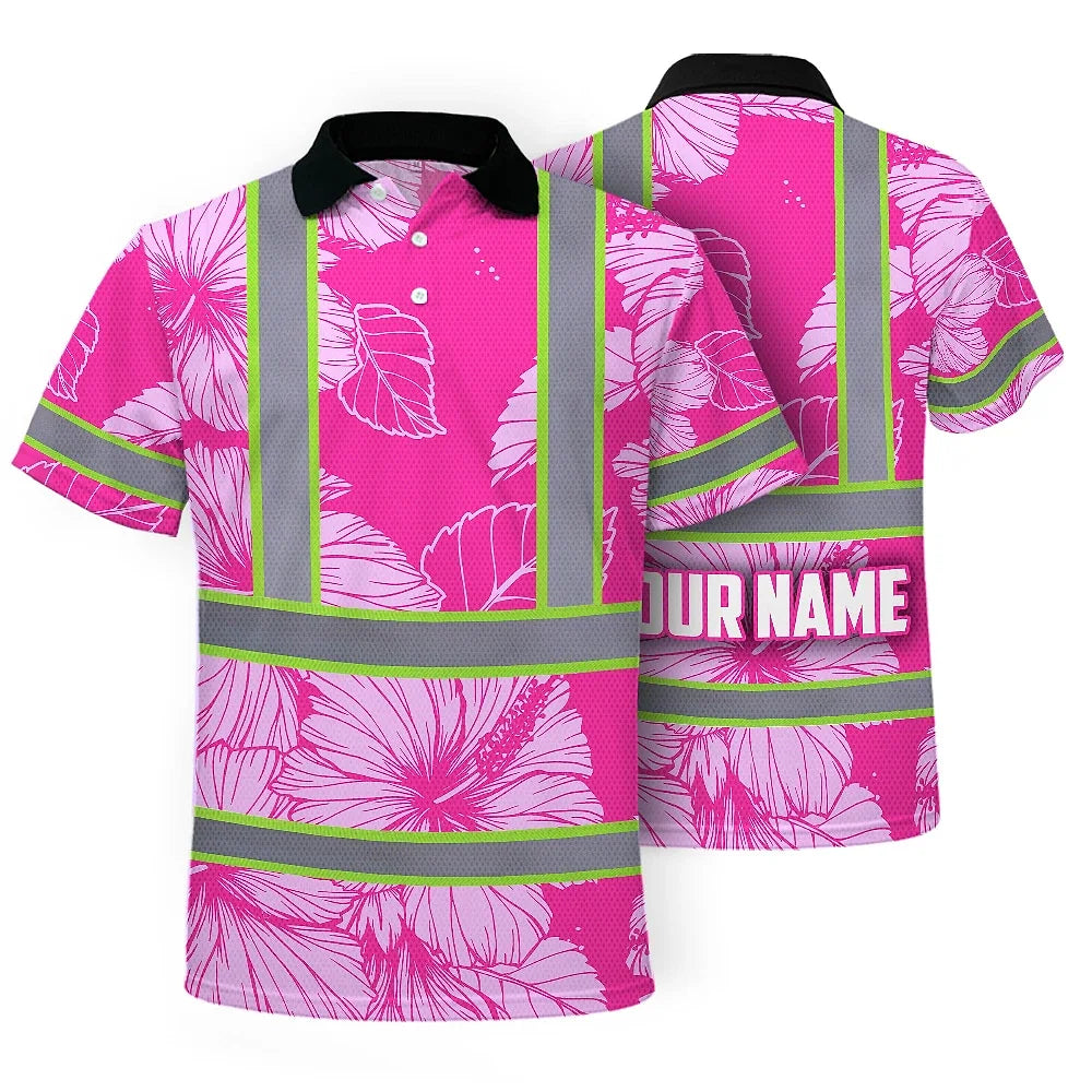 Hi Vis Polo Shirt Reflective Tapes Pink Neon Hibiscus Custom Name Safety Workwear For Workers, Truckers, Operators