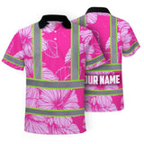 Hi Vis Polo Shirt Reflective Tapes Pink Neon Hibiscus Custom Name Safety Workwear For Workers, Truckers, Operators