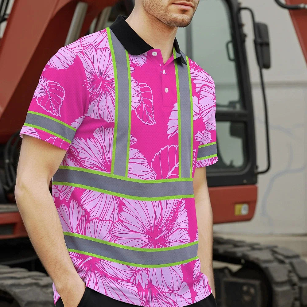 Hi Vis Polo Shirt Reflective Tapes Pink Neon Hibiscus Custom Name Safety Workwear For Workers, Truckers, Operators