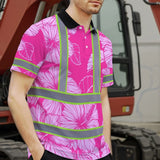 Hi Vis Polo Shirt Reflective Tapes Pink Neon Hibiscus Custom Name Safety Workwear For Workers, Truckers, Operators