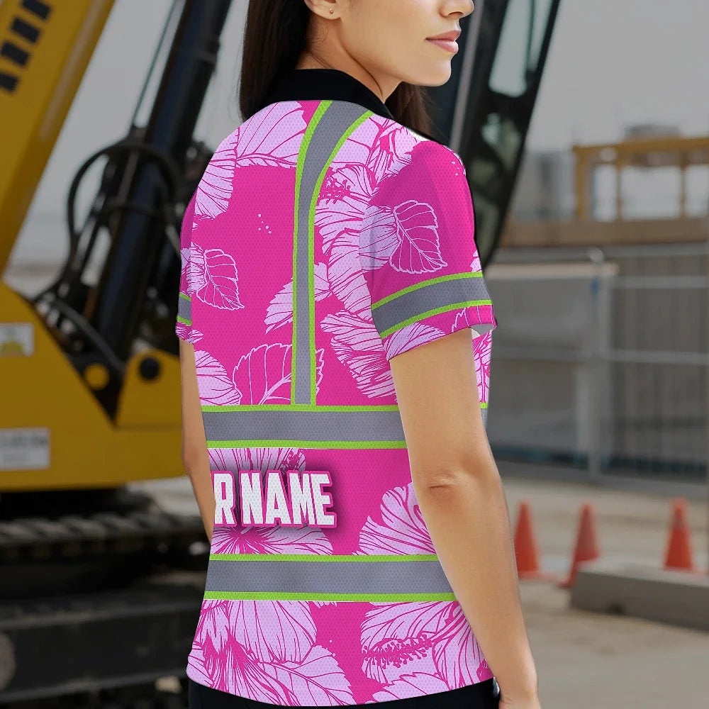 Hi Vis Polo Shirt Reflective Tapes Pink Neon Hibiscus Custom Name Safety Workwear For Workers, Truckers, Operators