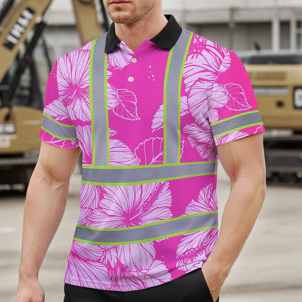 Hi Vis Polo Shirt Reflective Tapes Pink Neon Hibiscus Custom Name Safety Workwear For Workers, Truckers, Operators