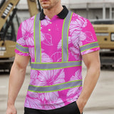 Hi Vis Polo Shirt Reflective Tapes Pink Neon Hibiscus Custom Name Safety Workwear For Workers, Truckers, Operators