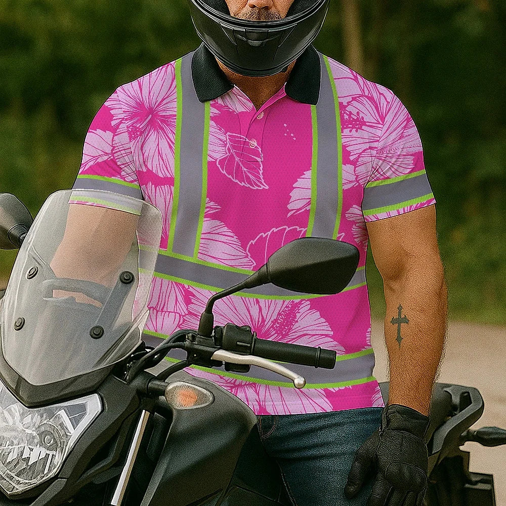 Hi Vis Polo Shirt Reflective Tapes Pink Neon Hibiscus Custom Name Safety Workwear For Workers, Truckers, Operators