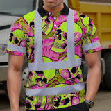 Hi Vis Polo Shirt Reflective Tapes Pink Neon Lime Skull Custom Name Safety Workwear For Workers, Truckers, Operators
