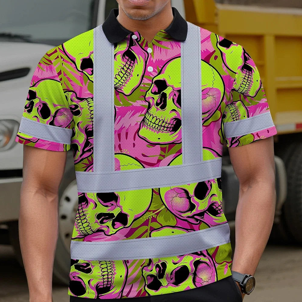 Hi Vis Polo Shirt Reflective Tapes Pink Neon Lime Skull Custom Name Safety Workwear For Workers, Truckers, Operators
