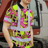 Hi Vis Polo Shirt Reflective Tapes Pink Neon Lime Skull Custom Name Safety Workwear For Workers, Truckers, Operators