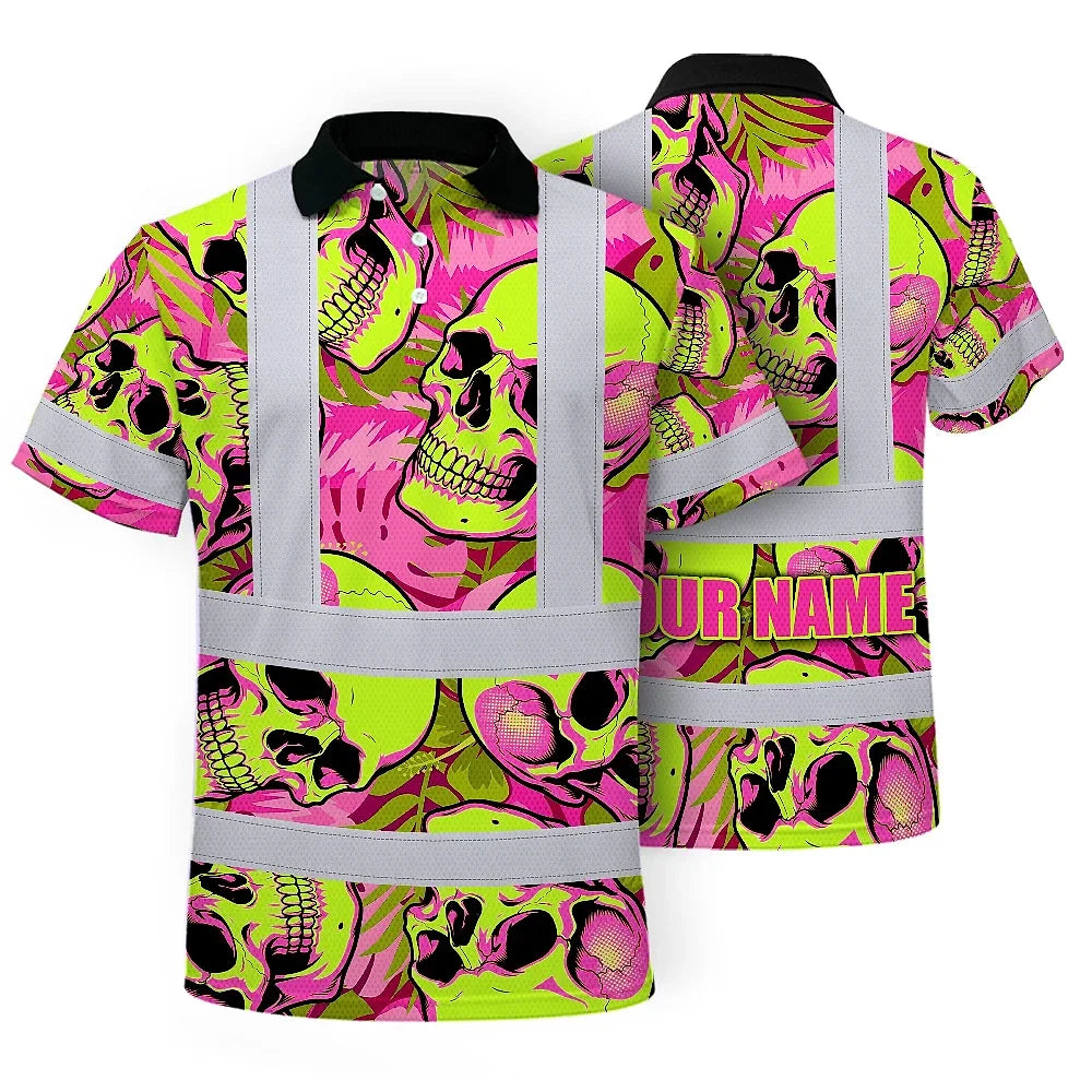 Hi Vis Polo Shirt Reflective Tapes Pink Neon Lime Skull Custom Name Safety Workwear For Workers, Truckers, Operators