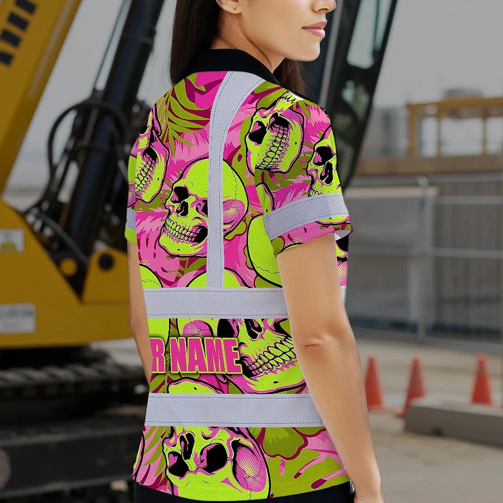 Hi Vis Polo Shirt Reflective Tapes Pink Neon Lime Skull Custom Name Safety Workwear For Workers, Truckers, Operators
