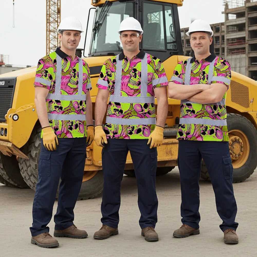 Hi Vis Polo Shirt Reflective Tapes Pink Neon Lime Skull Custom Name Safety Workwear For Workers, Truckers, Operators