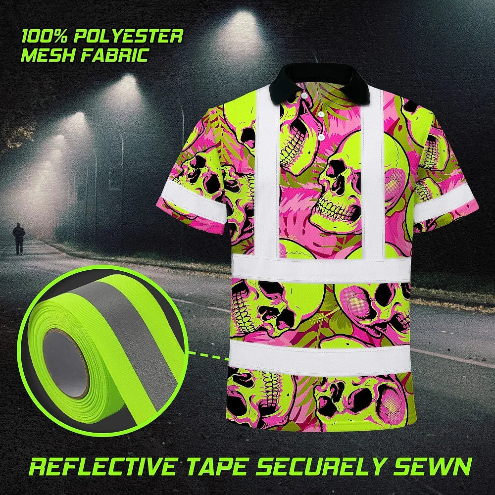 Hi Vis Polo Shirt Reflective Tapes Pink Neon Lime Skull Custom Name Safety Workwear For Workers, Truckers, Operators