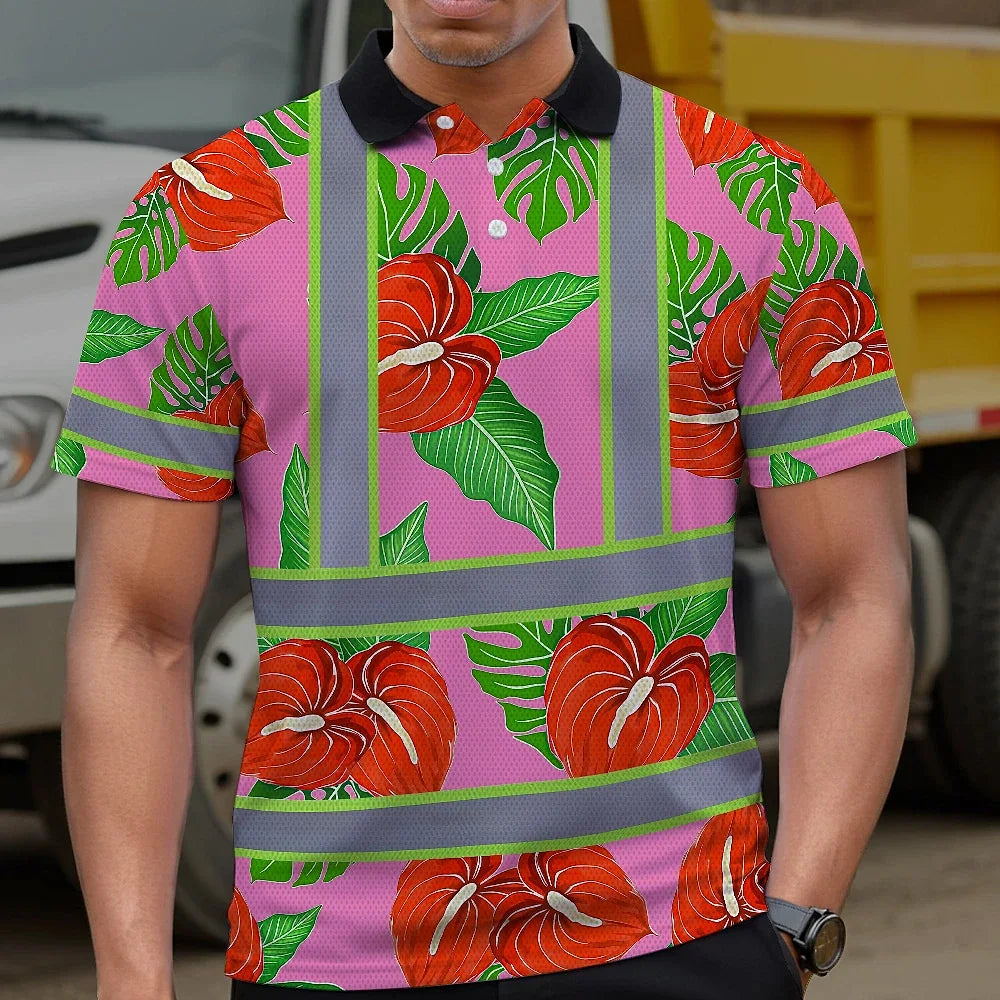 Hi Vis Polo Shirt Reflective Tapes Pink Neon Red Anthurium Custom Name Safety Workwear For Workers, Truckers, Operators