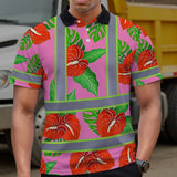 Hi Vis Polo Shirt Reflective Tapes Pink Neon Red Anthurium Custom Name Safety Workwear For Workers, Truckers, Operators