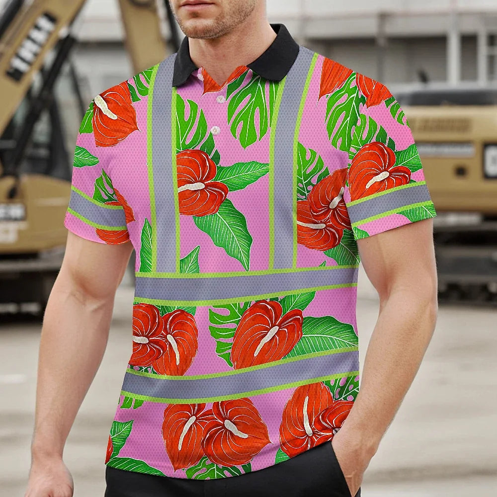 Hi Vis Polo Shirt Reflective Tapes Pink Neon Red Anthurium Custom Name Safety Workwear For Workers, Truckers, Operators