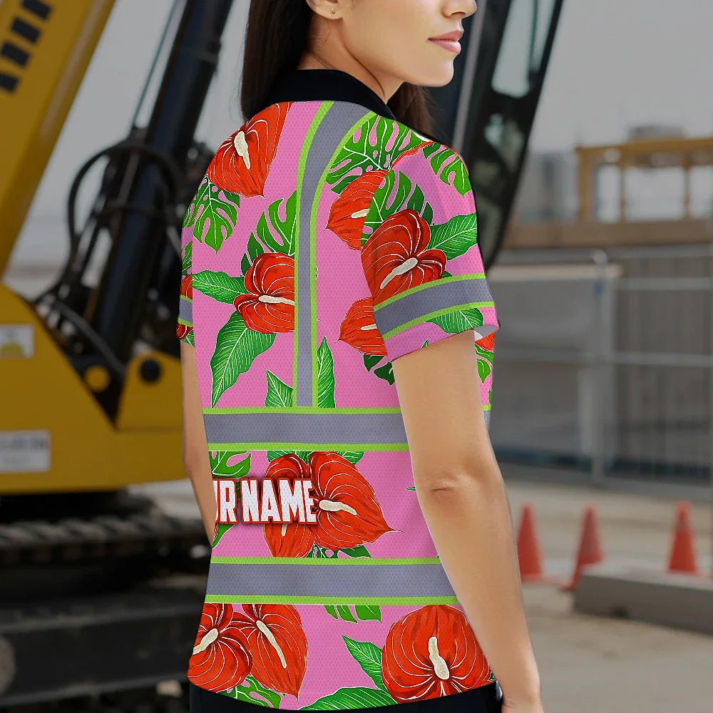 Hi Vis Polo Shirt Reflective Tapes Pink Neon Red Anthurium Custom Name Safety Workwear For Workers, Truckers, Operators