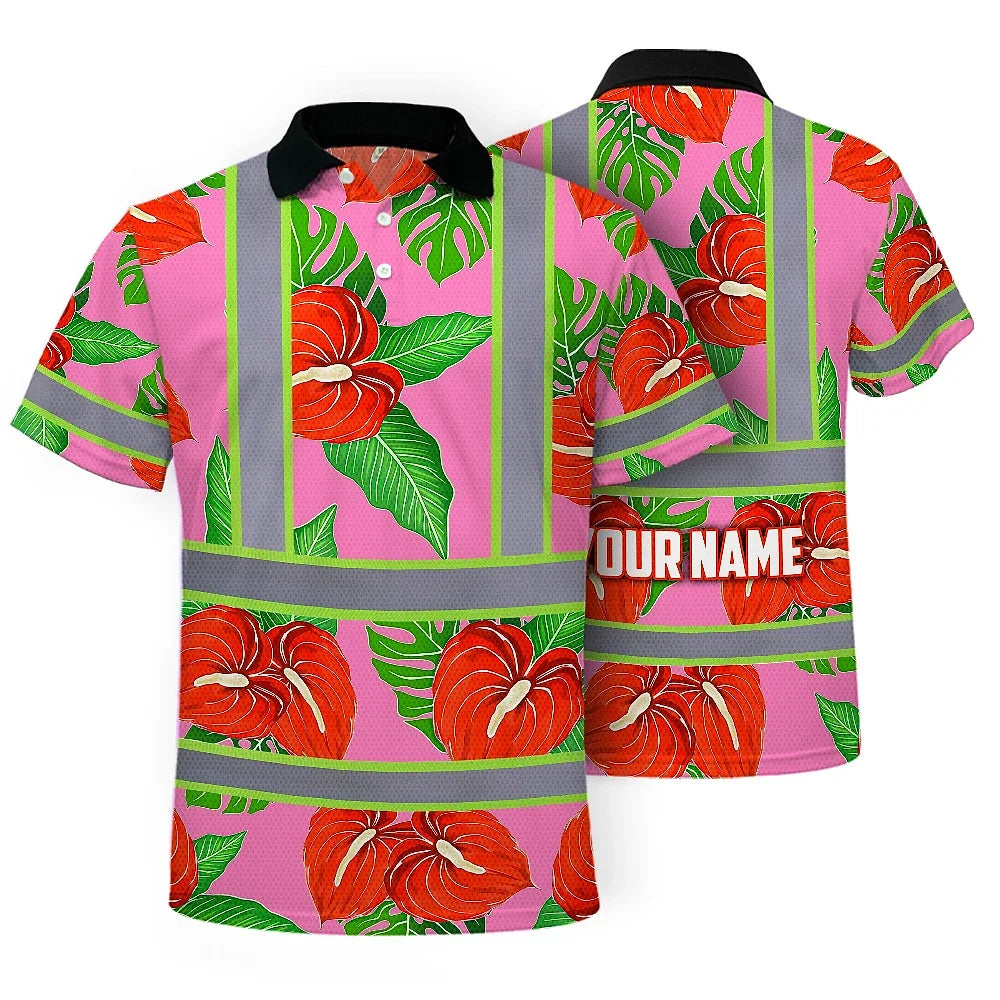 Hi Vis Polo Shirt Reflective Tapes Pink Neon Red Anthurium Custom Name Safety Workwear For Workers, Truckers, Operators