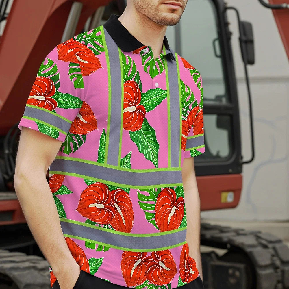 Hi Vis Polo Shirt Reflective Tapes Pink Neon Red Anthurium Custom Name Safety Workwear For Workers, Truckers, Operators