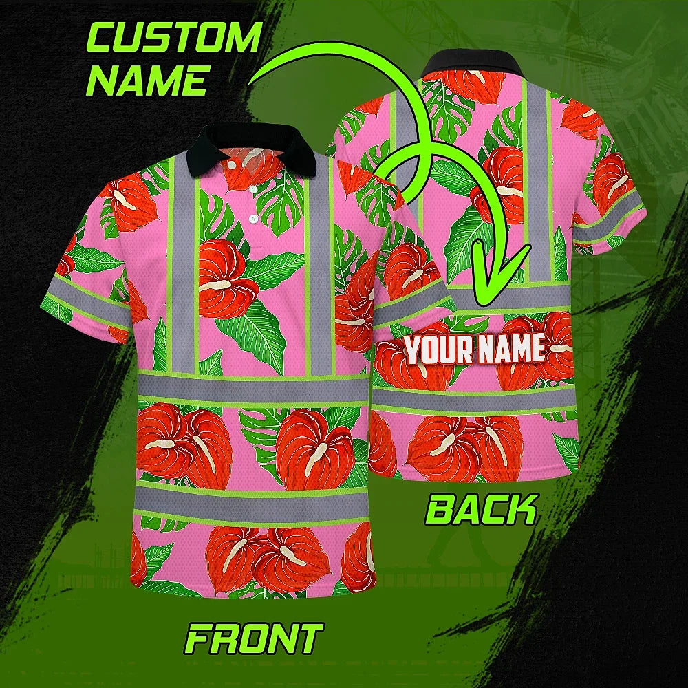 Hi Vis Polo Shirt Reflective Tapes Pink Neon Red Anthurium Custom Name Safety Workwear For Workers, Truckers, Operators