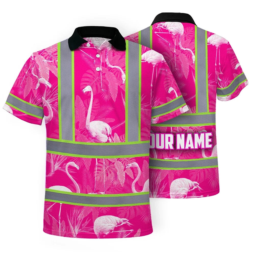 Hi Vis Polo Shirt Reflective Tapes Pink Neon White Flamingo Custom Name Safety Workwear For Workers, Truckers, Operators