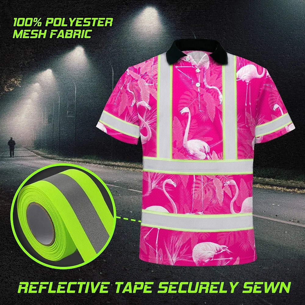 Hi Vis Polo Shirt Reflective Tapes Pink Neon White Flamingo Custom Name Safety Workwear For Workers, Truckers, Operators
