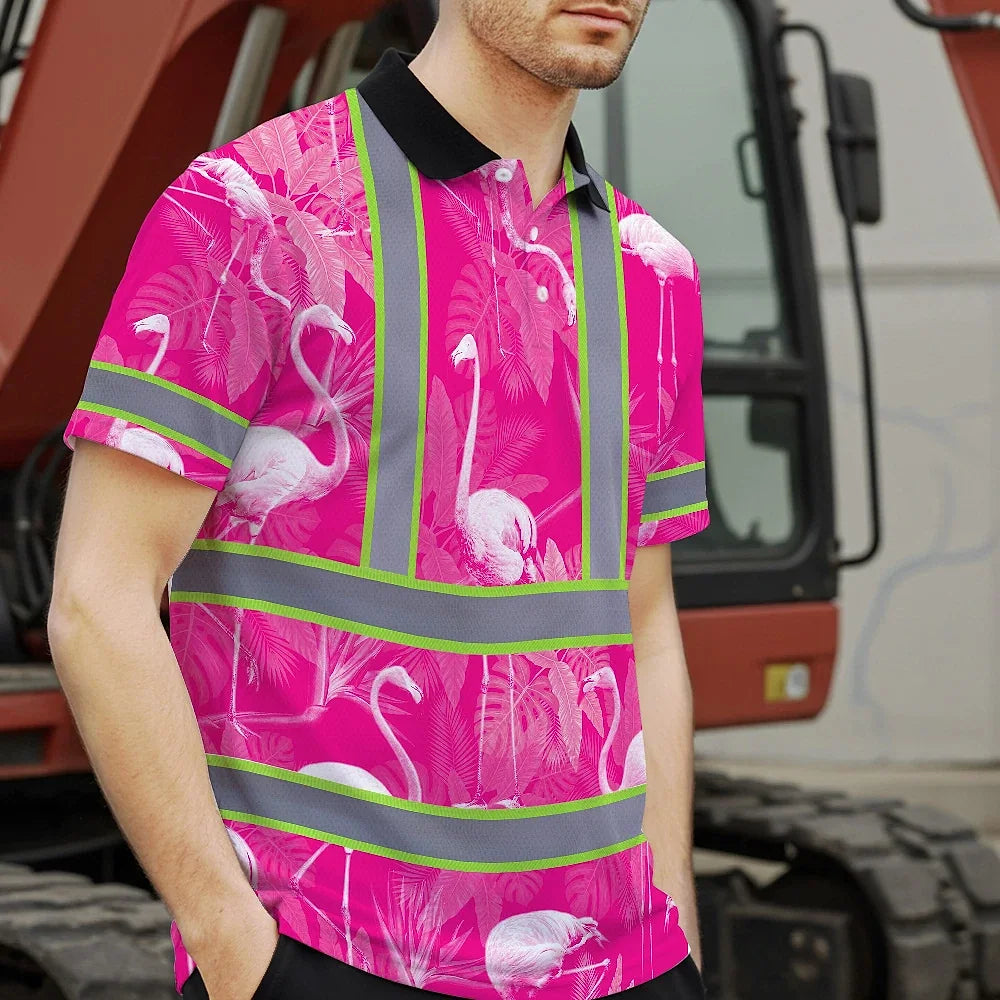 Hi Vis Polo Shirt Reflective Tapes Pink Neon White Flamingo Custom Name Safety Workwear For Workers, Truckers, Operators