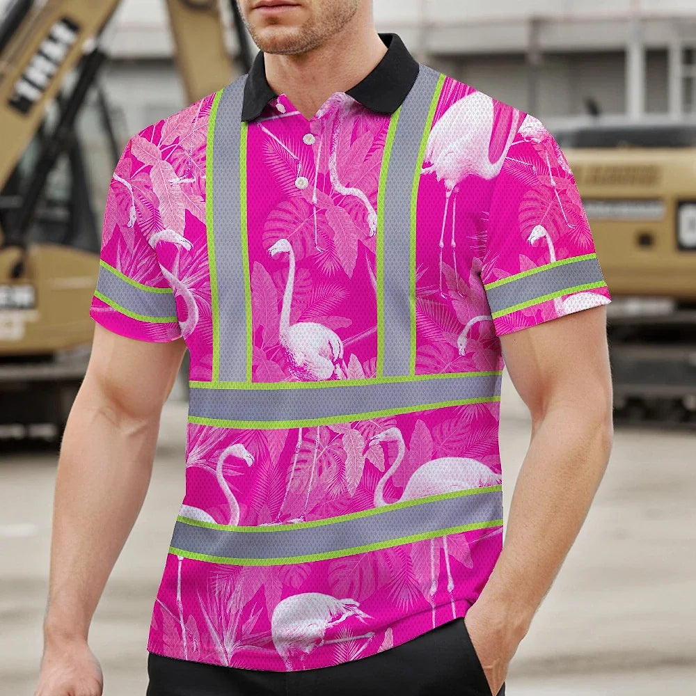 Hi Vis Polo Shirt Reflective Tapes Pink Neon White Flamingo Custom Name Safety Workwear For Workers, Truckers, Operators