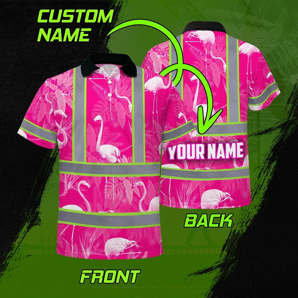 Hi Vis Polo Shirt Reflective Tapes Pink Neon White Flamingo Custom Name Safety Workwear For Workers, Truckers, Operators