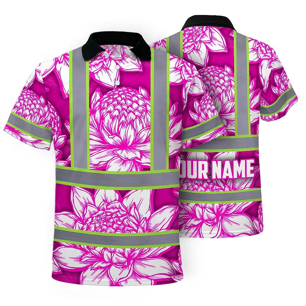 Hi Vis Polo Shirt Reflective Tapes Pink Neon White Protea Custom Name Safety Workwear For Workers, Truckers, Operators