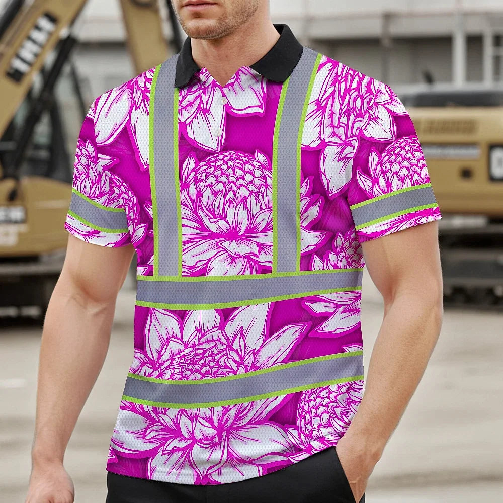 Hi Vis Polo Shirt Reflective Tapes Pink Neon White Protea Custom Name Safety Workwear For Workers, Truckers, Operators